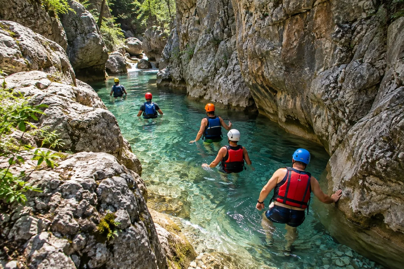 Sudionici canyoninga prolaze kroz uski kanjon s kacigama i prslucima